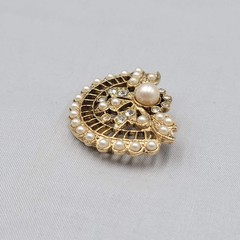 Vintage Scarf Slide Gold tone Rhinestone Faux Pearl Open Work 1.75″