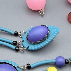 VTG 80s Post Earrings Dangle Metal Tassel Multi Color Acrylic Beads Blue Purple