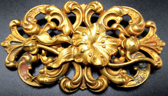 Art Deco Russian Golden Gilt Ornate Scrolls & Flower Pin Brooch