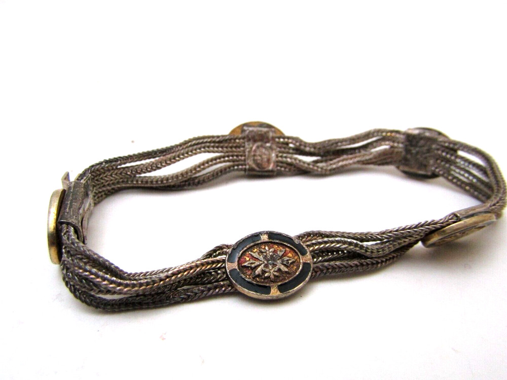 Vintage Sterling Silver 4 Foxtail Chain Enameled Panel Bracelet 925 16.4g 6.75In