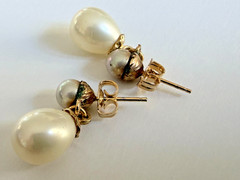 Vintage Cultured Pearl Double Drop Dangle Earrings Gold Filled Post 1940s Pair