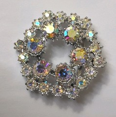 Vintage Aurora Borealis Rhinestone Silvertone Brooch