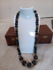 Vintage Graduated Varied Black Shiny Cool Beaded Necklace With Metal Spacers