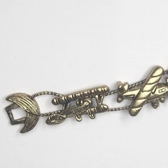 Vintage TOFA Airplane Travel Slider Charm Bracelet Gold Tone 90s