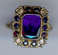 ANTIQUE 10K GOLD FAUX FACETED SAPPHIRE & PASTE STONES RING SIZE 6*