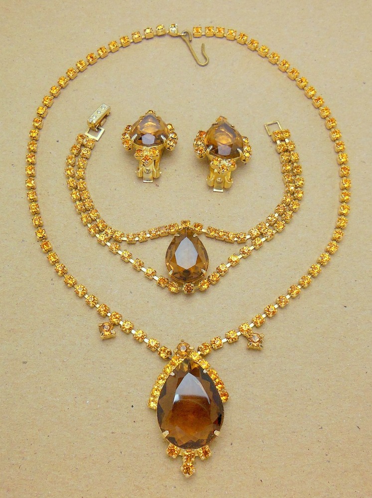 Vintage Faceted Brown Topaz Glass RS Drop Necklace Bracelet & Earring Parure SET