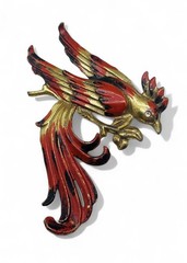 Vintage 1940’s Large 3” Gold Wash Pot Metal Enamel Figural Exotic Bird Brooch