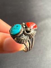Vintage Silver Native American JW Turquoise & Coral Ring Size 6.5 US