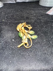 Vintage Yellow Gold Plated Filligree & Green Jade Brooch Pin, 2″ inches