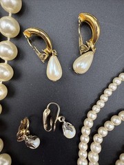 Vtg Gold Tone Faux Pearl Lot Of 7 Necklace Multi Strand Earrings Ring Unsigned