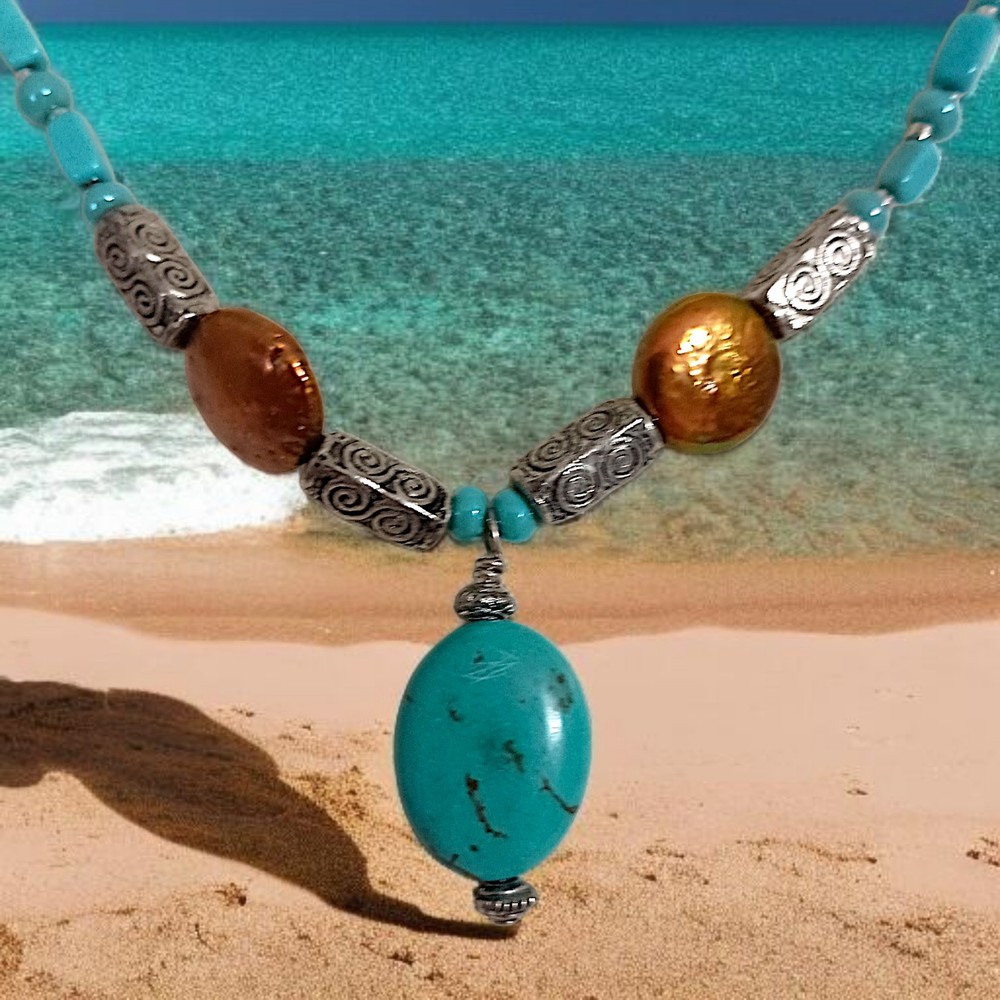 Turquoise Beaded Necklace Blue Howlite Nuggets Silver Tone Western Southwestern