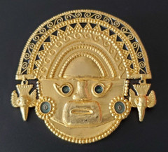 VINTAGE 18KT GOLD PLATED ENAMELED PERUVIAN INCA WARRIOR IMAGE PENDANT BROOCH