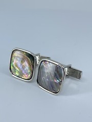 Cufflinks Mother of Pearl square flat MOP polished silver tone 7/8″