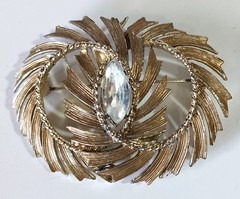 Lot of 3 Vintage Brushed Gold-tone White Rhinestone Brooches