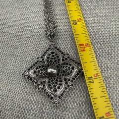 Vintage Celebrity Necklace Filigree Silver Tone Pendant Double Sided 31 Inches