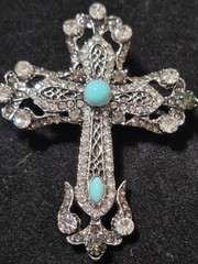 Ornate Silver Cross Brooch blue stone accent