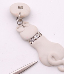 White Cat Kitty Earrings READ Vintage 80s Clay Ceramic Rhinestone Dangle Clip-On