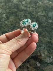 Marcasite Sterlling Silver Chunky Double Green Stone Ring, Size 8