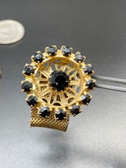 Vintage Mesh Wraparound Gold Tone Jet Black Glass Rhinestone Wheel Cufflinks