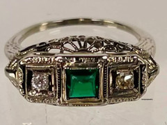 Art Deco Emerald & Lab Created Diamond 14K White Gold FN Filigree Wedding Ring