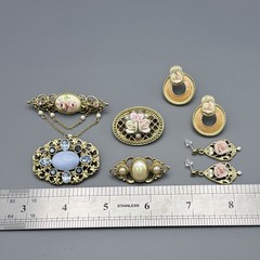 Vintage 1928 Jewelry Lot Ceramic Rose Flower Rhinestone Victorian Faux Pearl