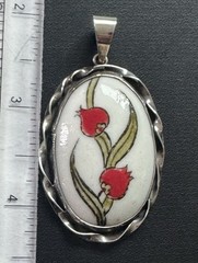 Vintage 925 Sterling Silver Hand Painted Porcelain Floral Pendant 14.84g Oval
