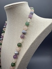 Vintage Multicolor Quartz Rose Jade Amethyst 10mm Bead Knotted Necklace 35”
