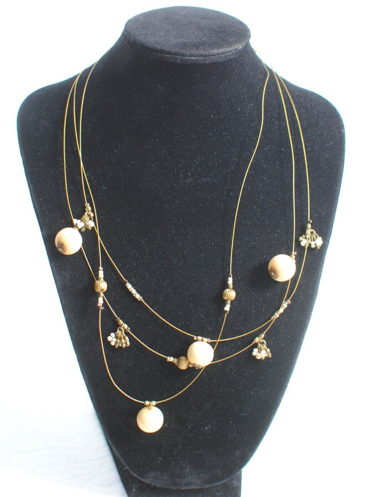 Vintage Floating Necklace 3 Strand Gold Tone Beaded Small Pearls Stones Charms