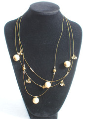 Vintage Floating Necklace 3 Strand Gold Tone Beaded Small Pearls Stones Charms