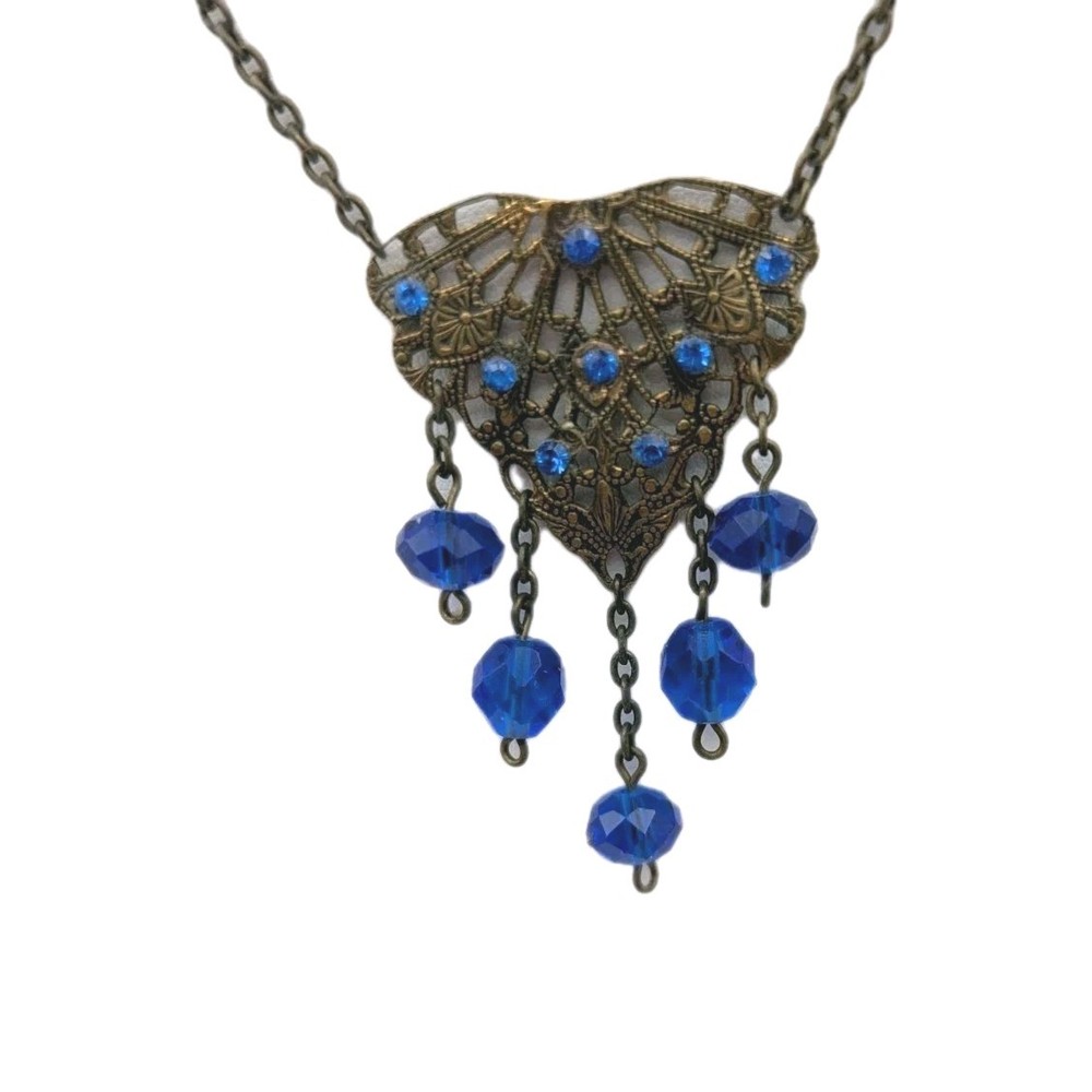 Victorian Design Filagree Necklace Blue Beads 15 Inch