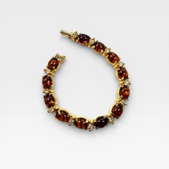 Vintage Tiger’s Eye Style Bracelet, Gold Tone Rhinestone Cabochon Link 7.25”