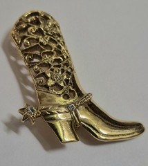 Vintage 1928 Brand Boot Brooch Pin Gold Tone Rhinestone Cowgirl Western