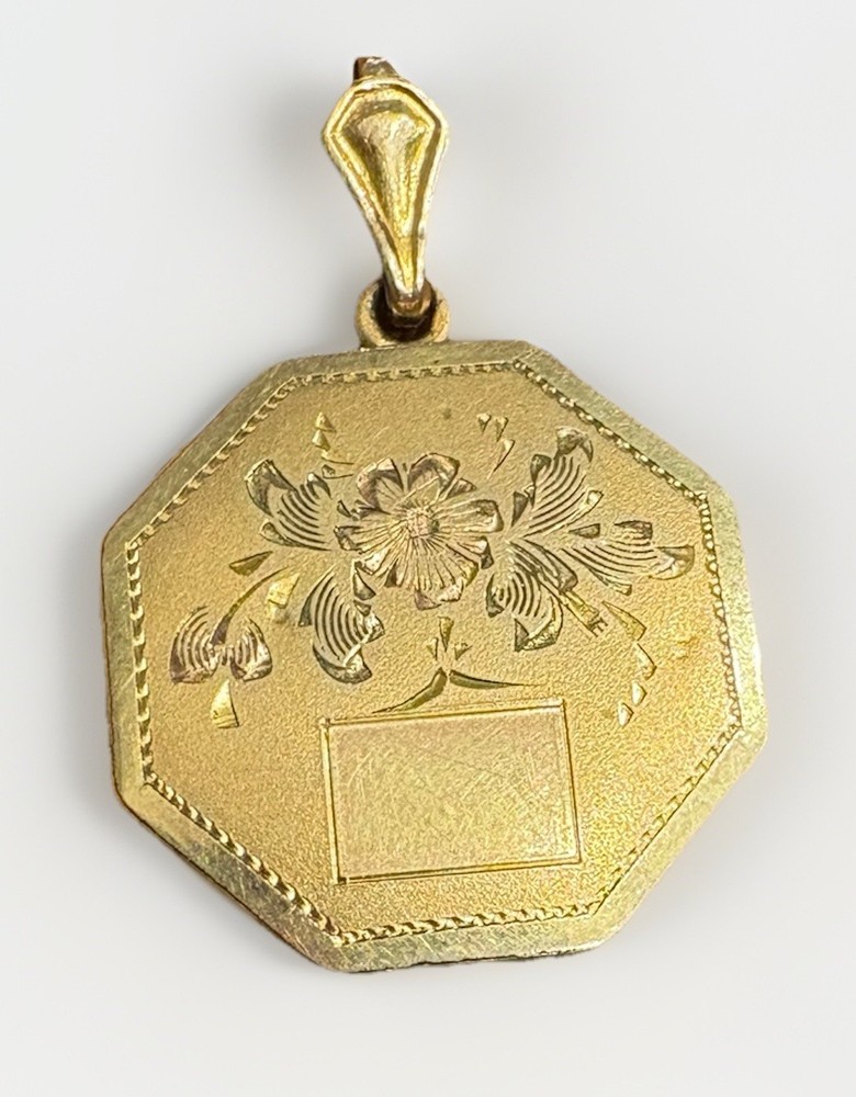 Vintage Art Deco Octagon Locket – 1/20 12K Gold Filled – Etched Floral Design DI