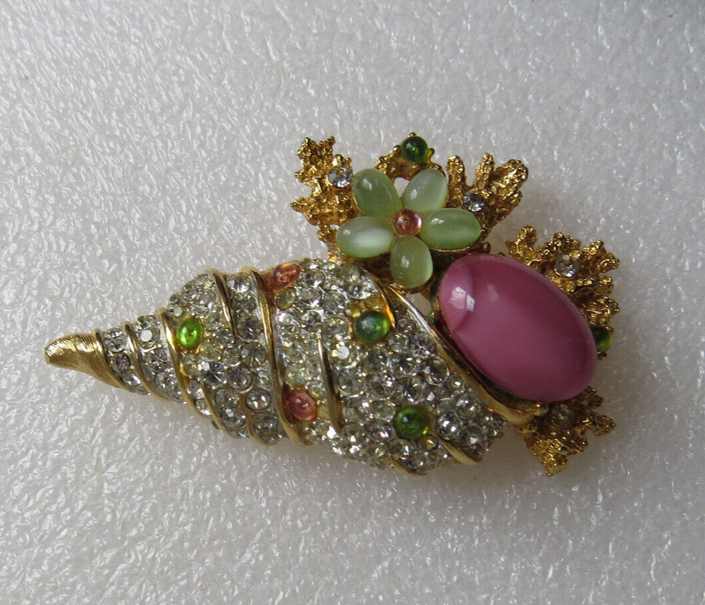 Vintage Large Pave Rhinestone Inset Glass Pink Cabochon Figural Seashell Brooch