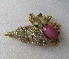 Vintage Large Pave Rhinestone Inset Glass Pink Cabochon Figural Seashell Brooch