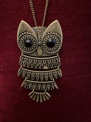 Articulated Gold Tone Owl Pendant Necklace Facet Glass Black Eyes 30” Chain #53