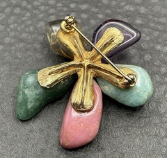 Vintage Flower Brooch Semi Precious Stone Nugget Faux Pearl Gold Tone