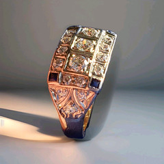 Original EARTH MINED DIAMOND Deco Statement Ring PLATINUM Sapphire 14K GOLD Band