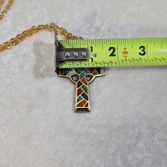 1969 Israel Terra Sancta Guild Brass Multicolor Enamel Cross 28 in Pend Necklace