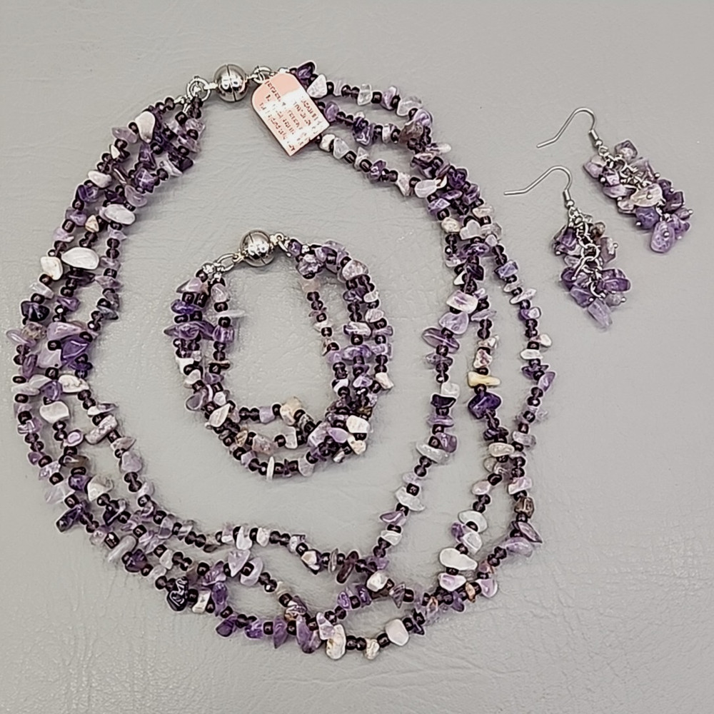 Amethyst Necklace Bracelet Pierced Earrings Set Purple Stone Layered JTV 20″