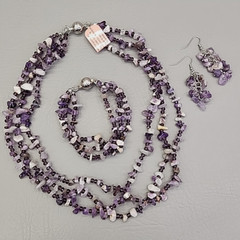 Amethyst Necklace Bracelet Pierced Earrings Set Purple Stone Layered JTV 20″