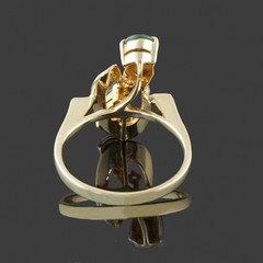 Retro Modernist Solid 14K Yellow Gold, Green Jade Cabochon & Diamond Estate Ring