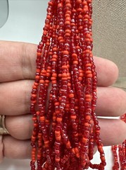Vintage Red Glass Seed Bead Necklace Multi Strand with Wood Beads 34”