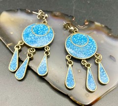 Vintage Drop Earrings Mexican Alpaca Silver Crushed Turquoise Inlay Western