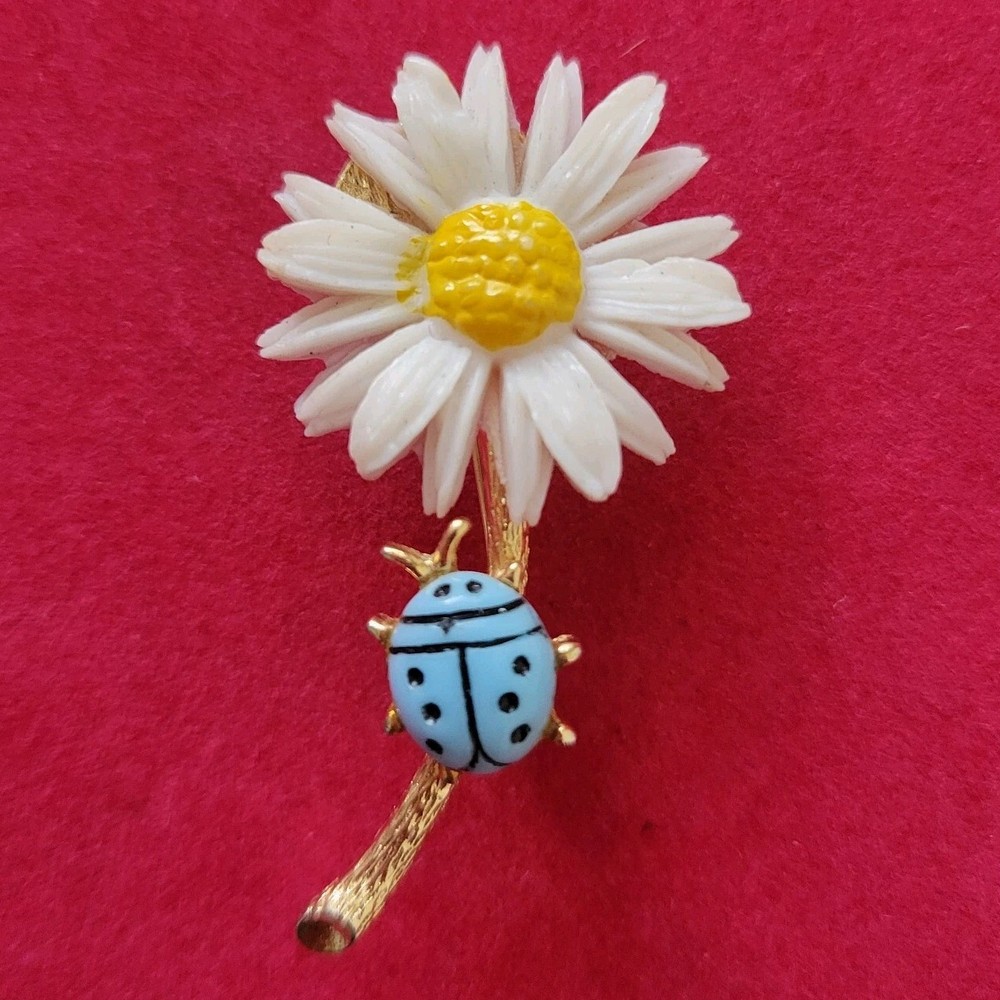 Signed LG Lind-gal Vintage Brooch Pin Daisy Ladybug Gold Plated