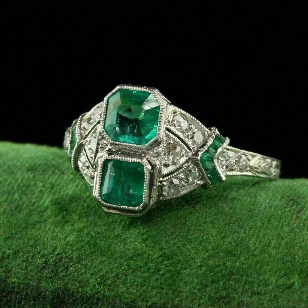 Art Deco Emerald & Lab Created Diamond Two-Stone Wedding White Gold Finish Ring
