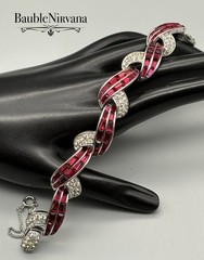 Vintage Boucher Cross Over Link Bracelet Red Baguettes&Clear Crystal Stones