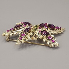 Vintage Rhinestone Butterfly Brooch Clip On Earring Set Pink Purple Gold Tone