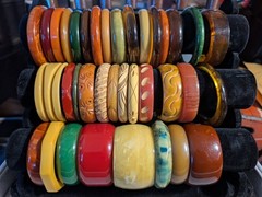 35 BIG Vintage Bakelite Thermoset Lucite Plastic Carved Bracelet Lot! Colorful!