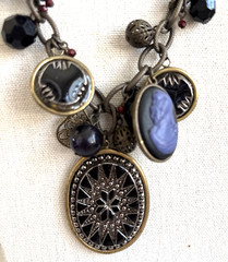 Vtg. Victorian Style Necklace Star Pendant Cameo Charms Black Glass Beads Brass